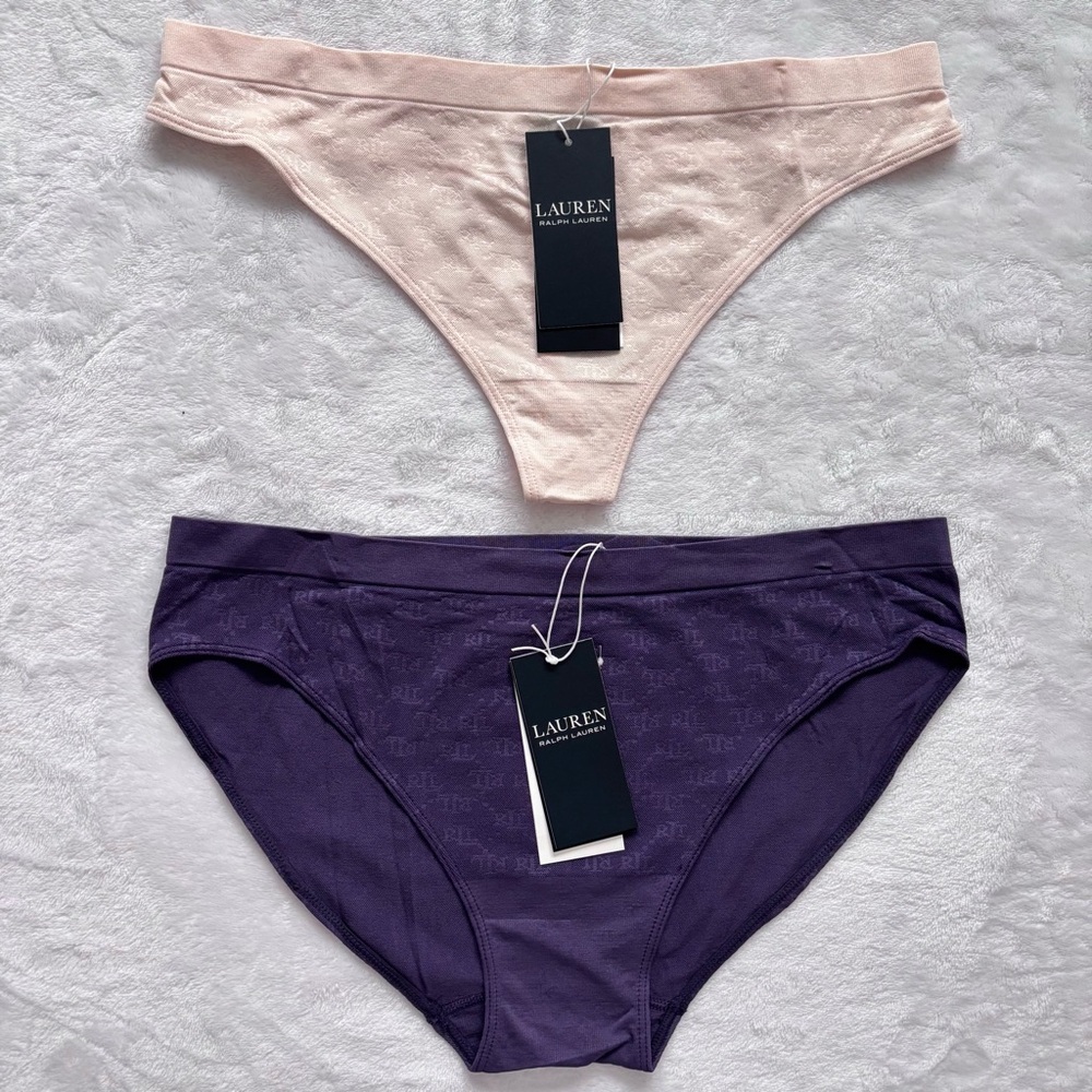 LAUREN RALPH LAUREN 2-Pack Monogram Mesh Jacquard Bikini & Thong Panties--L--NWT